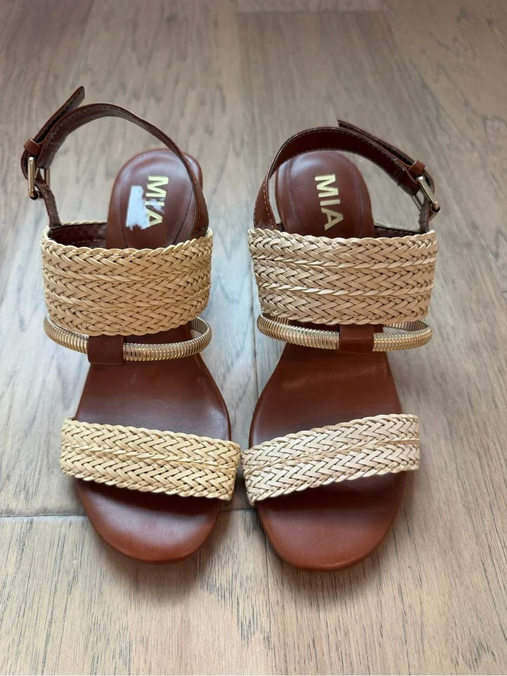MIA Natural Straw Wedge Sandals with Brown Leather Straps